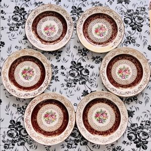 Vtg 1930 Edwin M. Knowles China Co.Semi Vitreous 6 Dessert Plates Floral22k Gold